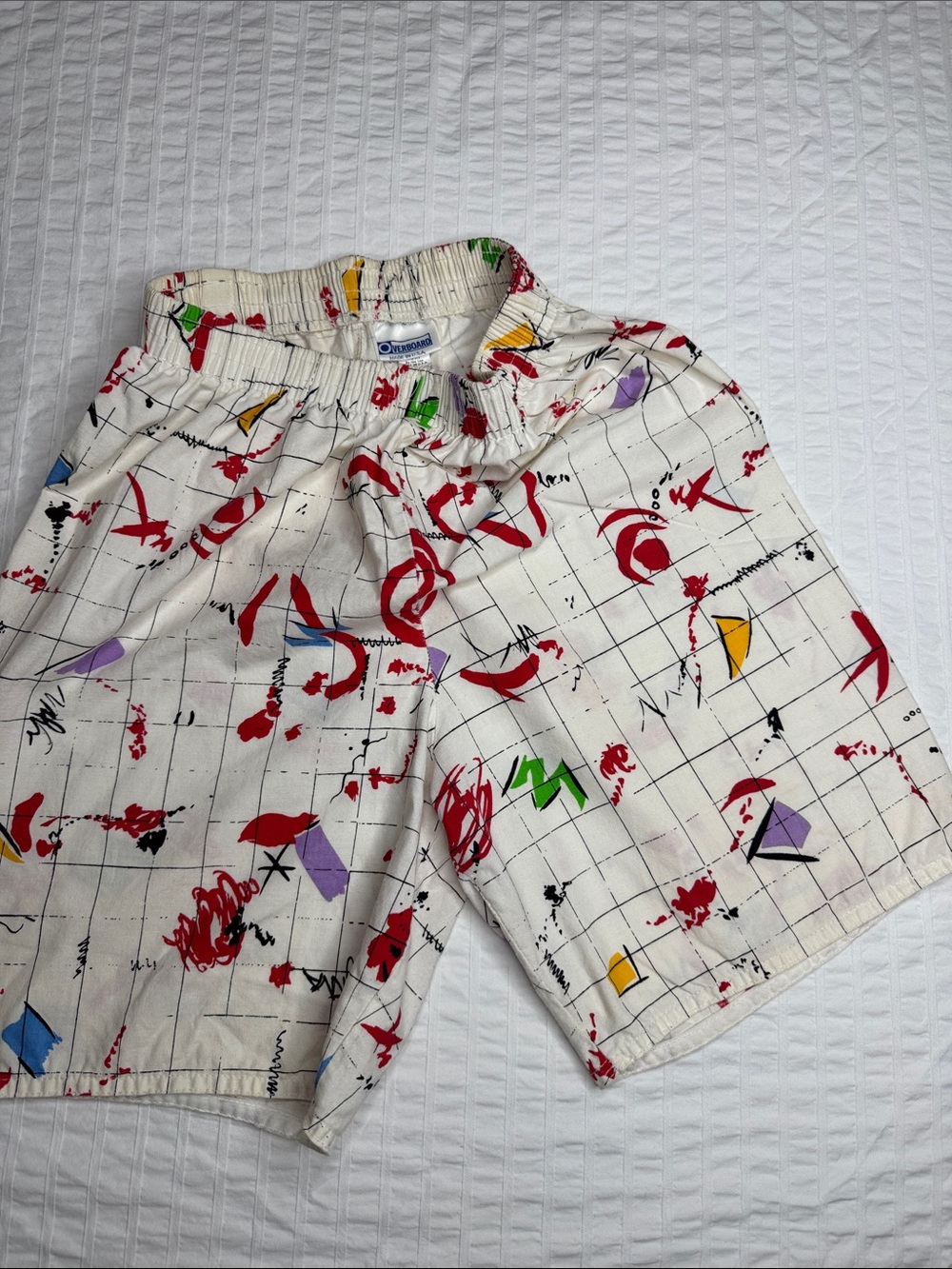 Retro 1980s Overboard Men's White Abstract Print Elastic-Waist Shorts - S